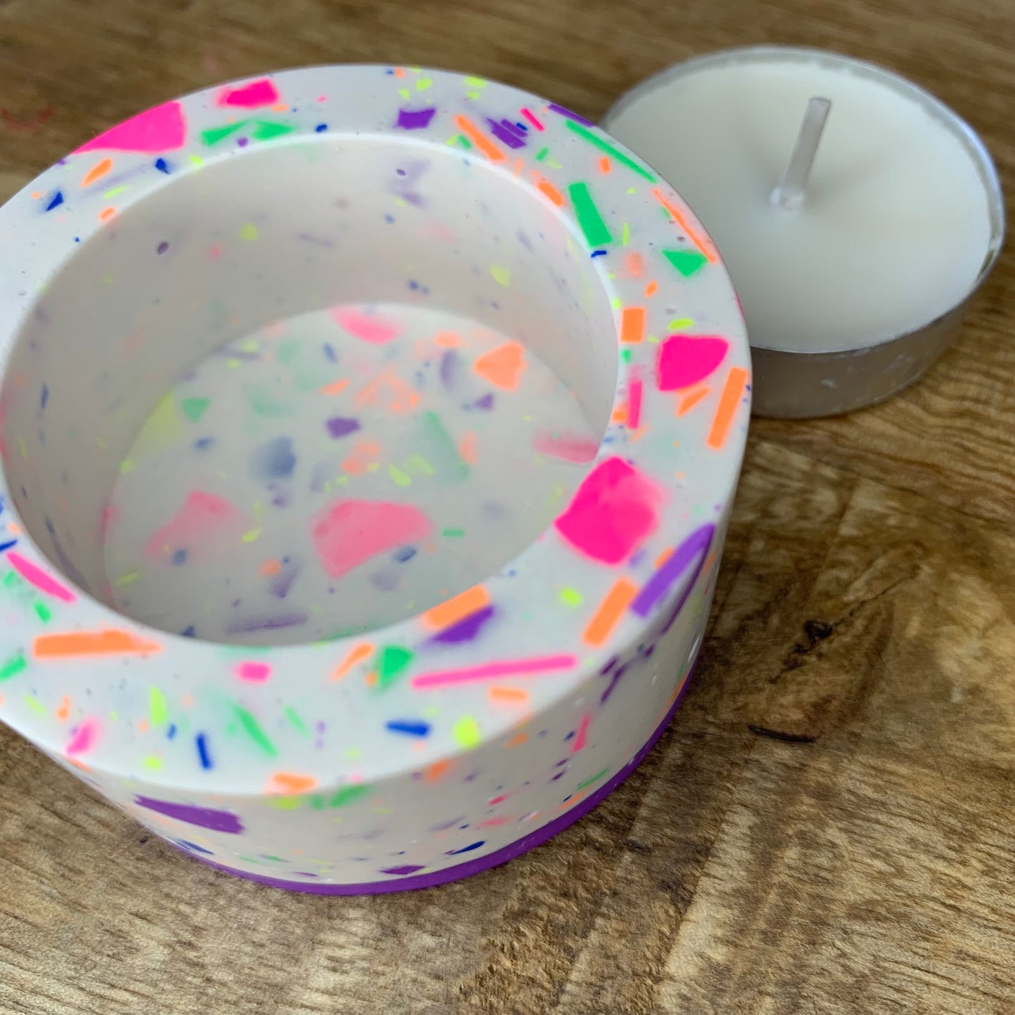 Colourful confetti tealight candle (purple)