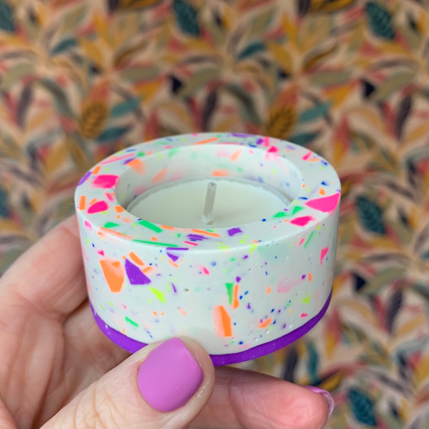 Colourful confetti tealight candle (purple)